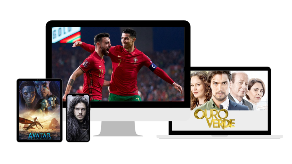 Mockup of IPTV Portugal soccer game, telenovelas playing on smart devices