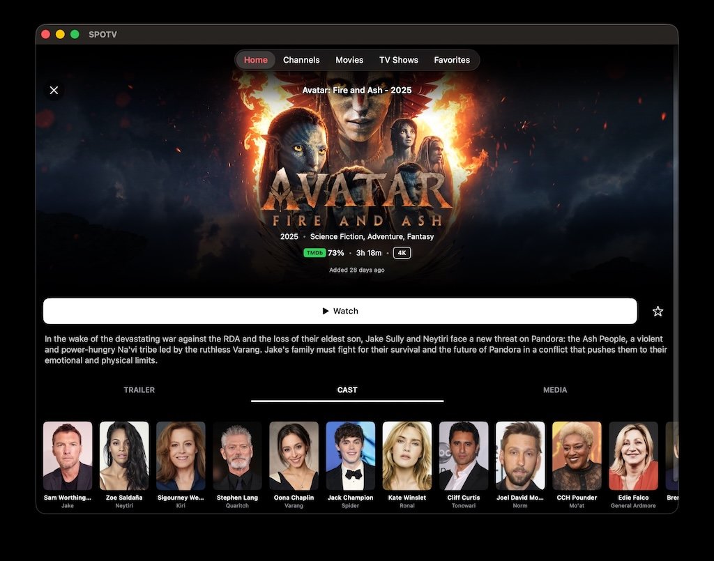 SPOTV movie menu hovering over Avatar
