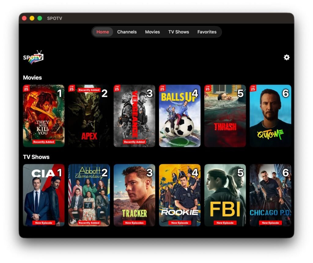 The SPOTV main menu screen